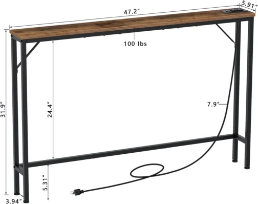 Tohomeor Mesa de console 120 cm estreita longa mesa de sofá com tomadas de energia, portas USB, mesa de entrada de madeira industrial para entrada, sala de estar, corredor (marrom, L-94,4xW-5,91) - Imagem 4