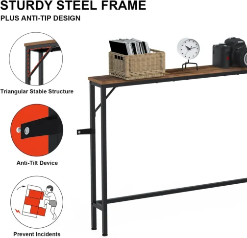 Tohomeor Mesa de console 120 cm estreita longa mesa de sofá com tomadas de energia, portas USB, mesa de entrada de madeira industrial para entrada, sala de estar, corredor (marrom, L-94,4xW-5,91) - Imagem 6