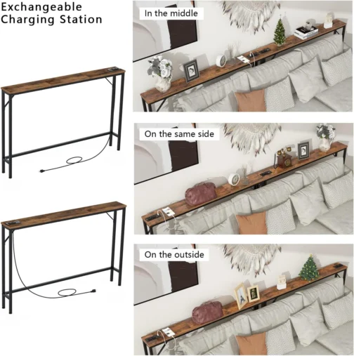 Tohomeor Mesa de console 120 cm estreita longa mesa de sofá com tomadas de energia, portas USB, mesa de entrada de madeira industrial para entrada, sala de estar, corredor (marrom, L-94,4xW-5,91) - Imagem 7