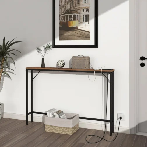 Tohomeor Mesa de console 120 cm estreita longa mesa de sofá com tomadas de energia, portas USB, mesa de entrada de madeira industrial para entrada, sala de estar, corredor (marrom, L-94,4xW-5,91) - Imagem 8
