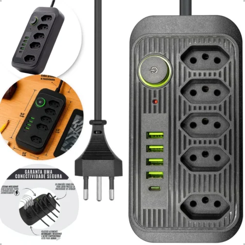 Extensão Elétrica com 5 Tomadas, 4 USB e 1 Tipo-C, Filtro de Linha, 2500W - Imagem 3