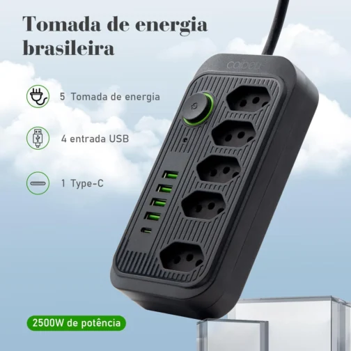 Extensão Elétrica com 5 Tomadas, 4 USB e 1 Tipo-C, Filtro de Linha, 2500W - Imagem 4