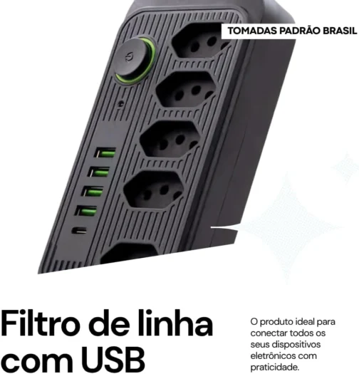 Extensão Elétrica com 5 Tomadas, 4 USB e 1 Tipo-C, Filtro de Linha, 2500W - Imagem 6