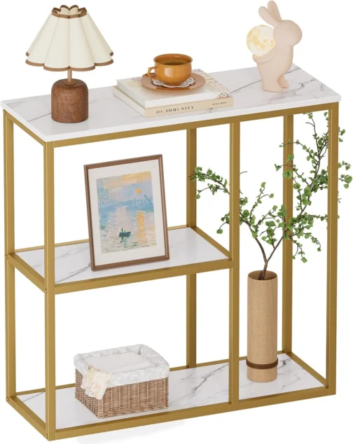 WOHOMO Mesa de console, mesa de entrada pequena com prateleiras de armazenamento, mesa de sofá estreita de 30 cm, mesa de corredor moderna para sala de estar, 80 x 30 x 31,5 cm, branca e dourada - Imagem 2