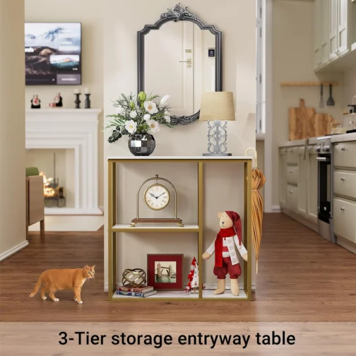 WOHOMO Mesa de console, mesa de entrada pequena com prateleiras de armazenamento, mesa de sofá estreita de 30 cm, mesa de corredor moderna para sala de estar, 80 x 30 x 31,5 cm, branca e dourada - Imagem 4