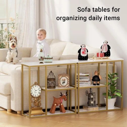 WOHOMO Mesa de console, mesa de entrada pequena com prateleiras de armazenamento, mesa de sofá estreita de 30 cm, mesa de corredor moderna para sala de estar, 80 x 30 x 31,5 cm, branca e dourada - Imagem 5