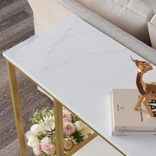 WOHOMO Mesa de console, mesa de entrada pequena com prateleiras de armazenamento, mesa de sofá estreita de 30 cm, mesa de corredor moderna para sala de estar, 80 x 30 x 31,5 cm, branca e dourada - Imagem 7