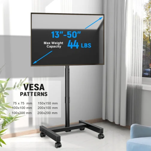 YOMT Mobile TV Cart Rolling TV Stand for 13-50 inch Screens, Tilting and Rotating Mount, Portrait to Landscape, Height Adjustable Portable TV Stand with Wheels Holds up to 44lbs Max VESA 200x200mm - Imagem 3
