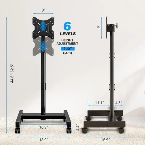 YOMT Mobile TV Cart Rolling TV Stand for 13-50 inch Screens, Tilting and Rotating Mount, Portrait to Landscape, Height Adjustable Portable TV Stand with Wheels Holds up to 44lbs Max VESA 200x200mm - Imagem 7