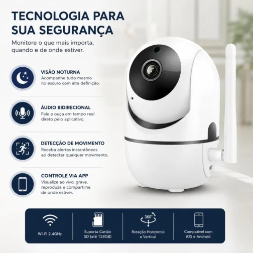 Câmera Baba Eletronica Wi-Fi de Monitoramento e Segurança com áudio bidirecional, visão noturna e detecção de movimento — solução em vigilância para bebês, idosos, pets e segurança doméstica. Premium - Imagem 3