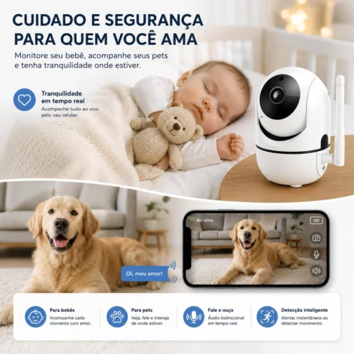 Câmera Baba Eletronica Wi-Fi de Monitoramento e Segurança com áudio bidirecional, visão noturna e detecção de movimento — solução em vigilância para bebês, idosos, pets e segurança doméstica. Premium - Imagem 5