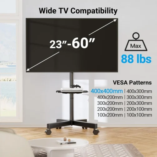 Suporte de TV Móvel PERLESMITH para TVs 23-60 Polegadas, Inclinável, Capacidade 40kg, com Prateleira para Laptop - Imagem 6