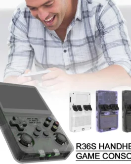 Console de jogos portátil retrô, console de videogame R36S com 15.000+ jogos, sistema Linux, tela IPS de 3,5 polegadas, reprodutor de vídeo de bolso com cartão TF 64GB – Preto