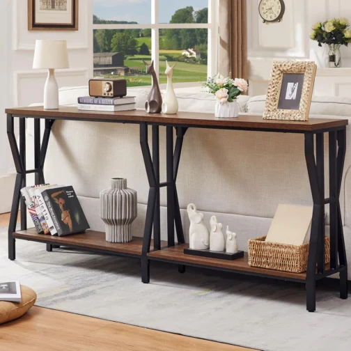 HOMISSUE Mesa de console de sofá, mesa de sofá extralonga de 180 cm com armazenamento de 2 níveis, mesas de console estreitas industriais atrás do sofá, mesa de corredor para entrada, sala de estar - Imagem 2
