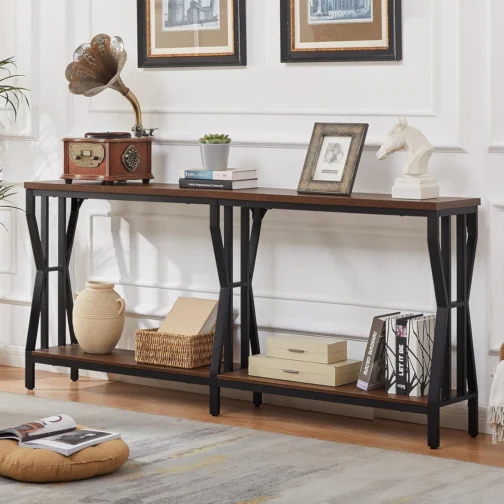 HOMISSUE Mesa de console de sofá, mesa de sofá extralonga de 180 cm com armazenamento de 2 níveis, mesas de console estreitas industriais atrás do sofá, mesa de corredor para entrada, sala de estar - Imagem 4