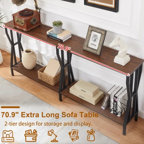 HOMISSUE Mesa de console de sofá, mesa de sofá extralonga de 180 cm com armazenamento de 2 níveis, mesas de console estreitas industriais atrás do sofá, mesa de corredor para entrada, sala de estar - Imagem 5