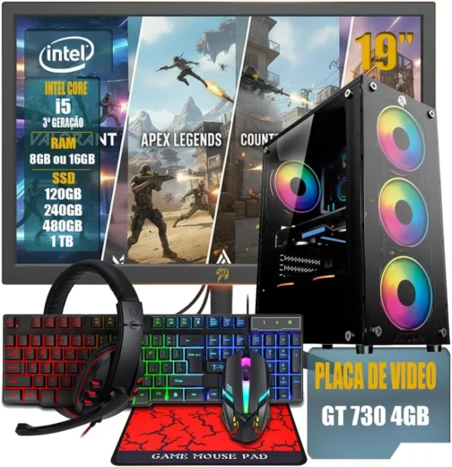 PC Gamer Completo Intel Core i5 3ª Geração, Opções 8GB/16GB RAM, SSD 120GB/240GB/480GB/ 1TB, Placa de Video GT 730 4GB, Windows 11, Monitor LED 19,Teclado e Mouse Gamer, HeadSet (GB, 8, GB, 120) - Imagem 2