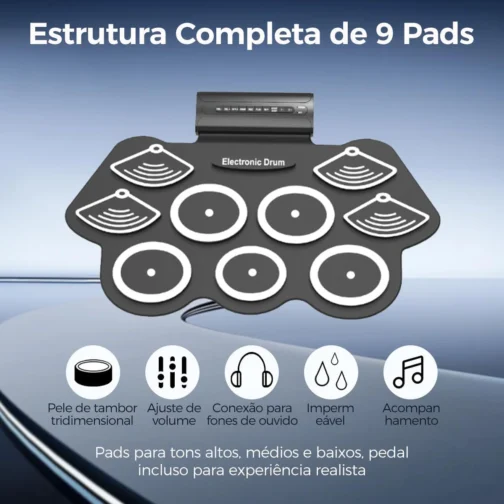 Bateria Eletrônica Portátil com 9 Pads e Pedal, Dobrável, 10 Demos e 7 Estilos de Ritmo - Imagem 4