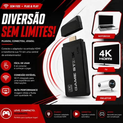 Jogo Stick X2 PRO 4K Retro ,Console com 2 Controles Sem Fio, HDMI Plug and Play, +40.000 Jogos Clássicos, Compatível com TV, TV Box e Monitor, Versão mais atualizada 2.0 Sem travamento, roda fluído. - Imagem 3
