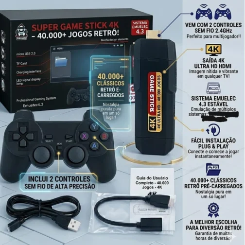 Jogo Stick X2 PRO 4K Retro ,Console com 2 Controles Sem Fio, HDMI Plug and Play, +40.000 Jogos Clássicos, Compatível com TV, TV Box e Monitor, Versão mais atualizada 2.0 Sem travamento, roda fluído. - Imagem 4