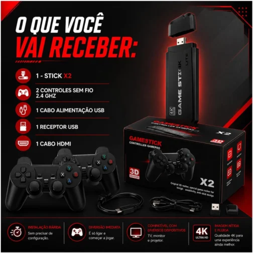 Jogo Stick X2 PRO 4K Retro ,Console com 2 Controles Sem Fio, HDMI Plug and Play, +40.000 Jogos Clássicos, Compatível com TV, TV Box e Monitor, Versão mais atualizada 2.0 Sem travamento, roda fluído. - Imagem 5