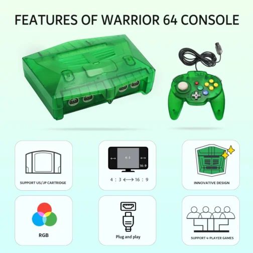 N64 Console - Newly Design Looking for N64 with HD Output (Native RGB Signal), 100% Better Video Quality, Plug & Play - Compatible with All US/JP Cartridges, Including 1 Warrior 64 Controlle (Green) - Imagem 3