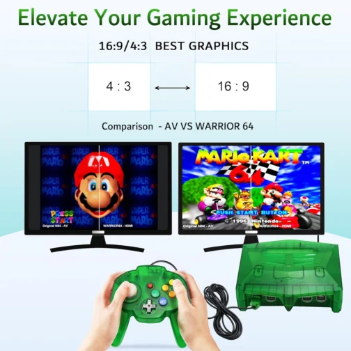 N64 Console - Newly Design Looking for N64 with HD Output (Native RGB Signal), 100% Better Video Quality, Plug & Play - Compatible with All US/JP Cartridges, Including 1 Warrior 64 Controlle (Green) - Imagem 5