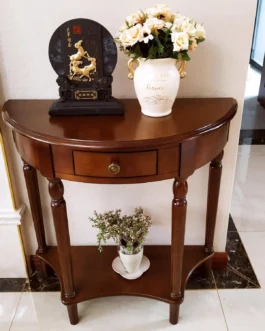 Mesa de console de madeira maciça com gaveta, prateleira de armazenamento de entrada semicírculo, mesa de varanda de meia lua elegante sofá vintage para sala de estar (cor nogueira (59,9 cm C