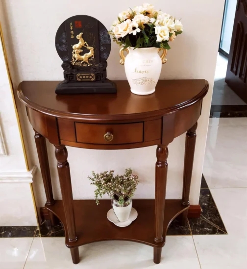 Mesa de console de madeira maciça com gaveta, prateleira de armazenamento de entrada semicírculo, mesa de varanda de meia lua elegante sofá vintage para sala de estar (cor nogueira (59,9 cm C - Imagem 2