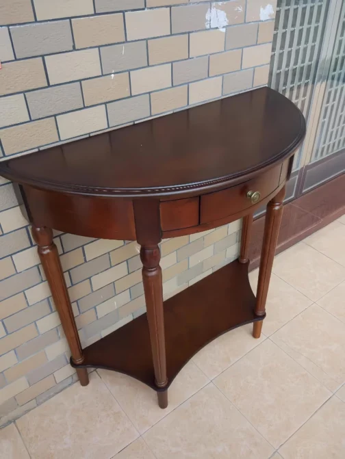 Mesa de console de madeira maciça com gaveta, prateleira de armazenamento de entrada semicírculo, mesa de varanda de meia lua elegante sofá vintage para sala de estar (cor nogueira (59,9 cm C - Imagem 3