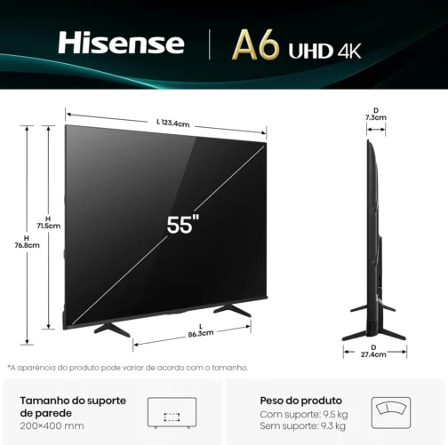 Hisense Smart TV 4K 55" Polegadas 55A6NV | Dolby Vision, HDR10, HLG, Dolby Gaming, Film Maker, DTS Virtual X, Compatibilidade Alexa - Imagem 4