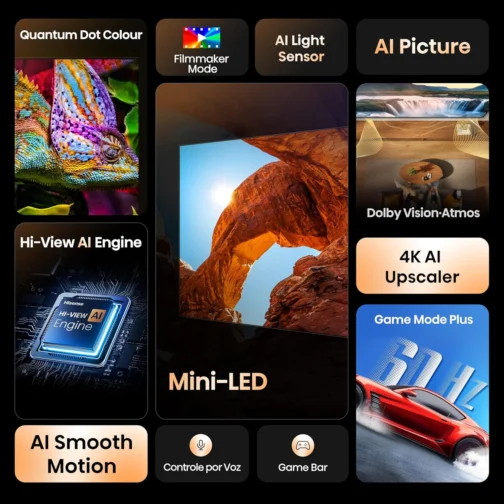 Hisense Smart TV 4K 55" Polegadas 55U6QV Mini LED | Dolby Vision, HDR10+, HDR10+ Adaptive, Dolby Vision IQ, Modo FilmMaker, Dolby Atmos, Compatibilidade Alexa - Imagem 3