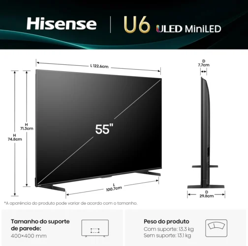 Hisense Smart TV 4K 55" Polegadas 55U6QV Mini LED | Dolby Vision, HDR10+, HDR10+ Adaptive, Dolby Vision IQ, Modo FilmMaker, Dolby Atmos, Compatibilidade Alexa - Imagem 4