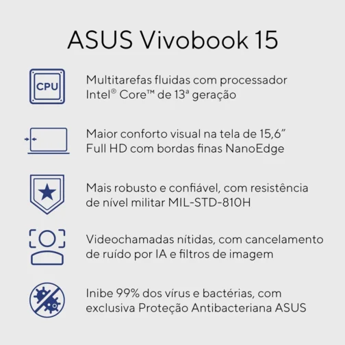 Notebook ASUS Vivobook 15, Intel Core i5, 8 GB, 512 GB SSD, KeepOS, 15.6'' FHD, Cool Silver - X1504VA-NJ1741 - Imagem 21