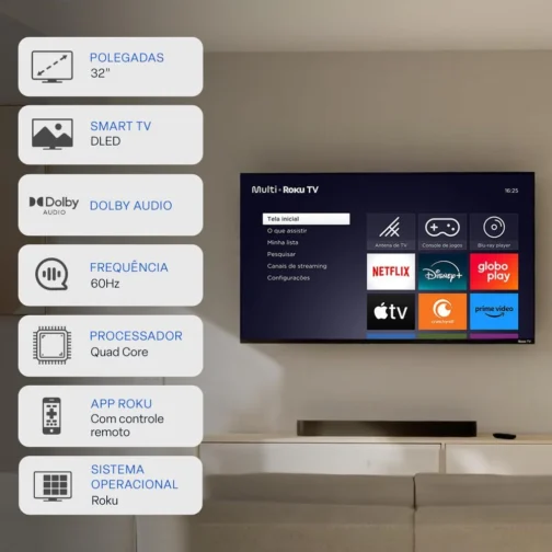 Smart TV DLED 32 HD Multi Essencial Roku 3HDMI 2USB Wi-Fi - Imagem 3