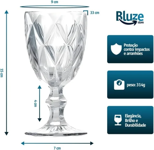 Jogo de 6 Taças de Vidro Diamond Transparente 315ml Design Elegante e Resistente Ideal para Suco Água Refrigerante Drinks e Café Transparente para Cozinha Bar e Restaurante - Imagem 3