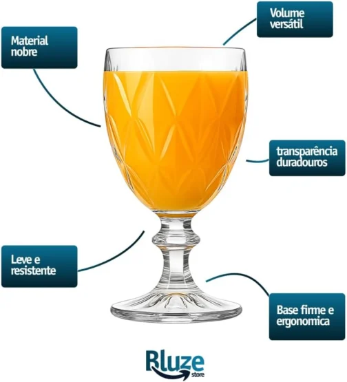 Jogo de 6 Taças de Vidro Diamond Transparente 315ml Design Elegante e Resistente Ideal para Suco Água Refrigerante Drinks e Café Transparente para Cozinha Bar e Restaurante - Imagem 4