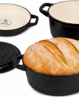 Conjunto de Panelas Holândesa Ferro Fundido Esmaltado, 3 Peças, Indução Forno e Fogão, Antiaderente, Caçarola 24 cm. Grande 4.2L, Média 3L, Menor 2L. (Black)
