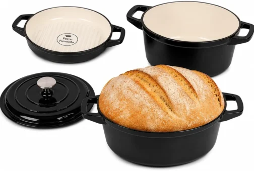 Conjunto de Panelas Holândesa Ferro Fundido Esmaltado, 3 Peças, Indução Forno e Fogão, Antiaderente, Caçarola 24 cm. Grande 4.2L, Média 3L, Menor 2L. (Black) - Imagem 2