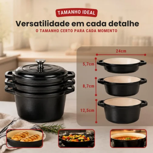 Conjunto de Panelas Holândesa Ferro Fundido Esmaltado, 3 Peças, Indução Forno e Fogão, Antiaderente, Caçarola 24 cm. Grande 4.2L, Média 3L, Menor 2L. (Black) - Imagem 4