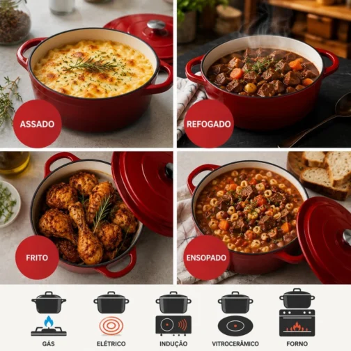 Conjunto de Panelas Holândesa Ferro Fundido Esmaltado, 3 Peças, Indução Forno e Fogão, Antiaderente, Caçarola 24 cm. Grande 4.2L, Média 3L, Menor 2L. (Black) - Imagem 6