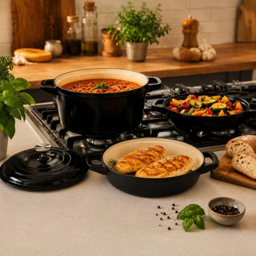 Conjunto de Panelas Holândesa Ferro Fundido Esmaltado, 3 Peças, Indução Forno e Fogão, Antiaderente, Caçarola 24 cm. Grande 4.2L, Média 3L, Menor 2L. (Black) - Imagem 8