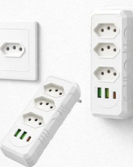 Extensão Elétrica/Benjamin com 3 Tomadas, 2 USB + USB-C – Régua de Energia e Adaptador de Tomada Premium