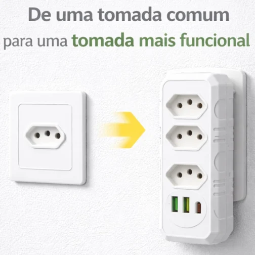 Extensão Elétrica/Benjamin com 3 Tomadas, 2 USB + USB-C – Régua de Energia e Adaptador de Tomada Premium - Imagem 4