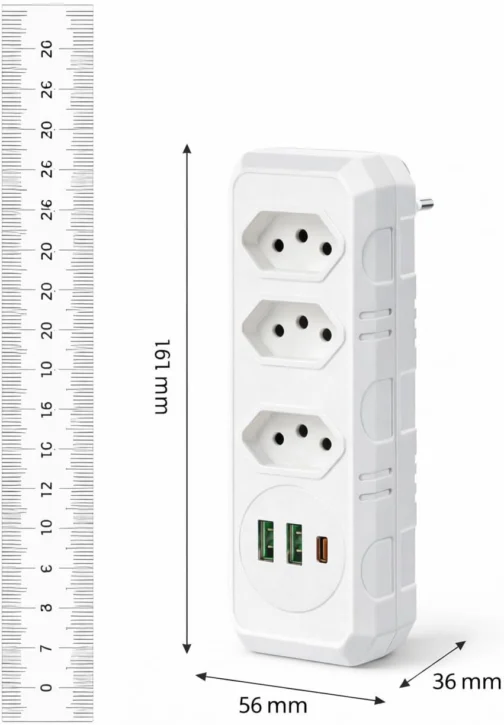 Extensão Elétrica/Benjamin com 3 Tomadas, 2 USB + USB-C – Régua de Energia e Adaptador de Tomada Premium - Imagem 5