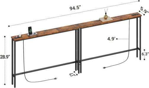 ELYKEN Mesa de console estreita de 240 cm com tomada, mesa de sofá atrás do - Imagem 4