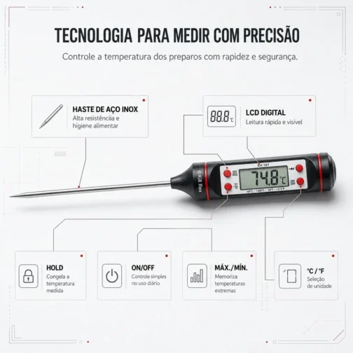 Termômetro Culinário Digital Espeto para Alimentos – Medição Rápida e Precisa de Temperatura para Carnes, Churrasco, Doces e Cozinha Profissional - Imagem 3