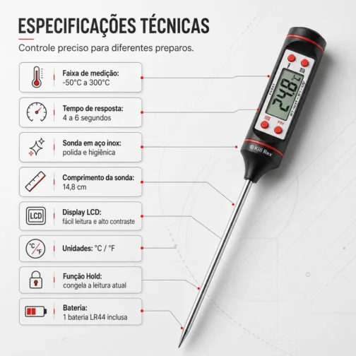 Termômetro Culinário Digital Espeto para Alimentos – Medição Rápida e Precisa de Temperatura para Carnes, Churrasco, Doces e Cozinha Profissional - Imagem 6