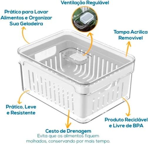 House Organizer Kit 4 Organizadores Geladeira Armário Cozinha 2,2 Litros Alimentos Vegetais - Imagem 4