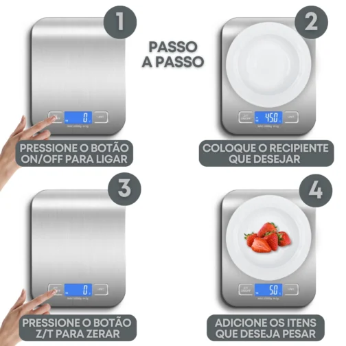 Balança de Cozinha Inox Digital para Alimentos Dieta Fitness Alta Precisão Resistente a Água Com Base Antiderrapante e Visor de Alta Definição Pesagem de 1g até 10kg Premium - Imagem 8
